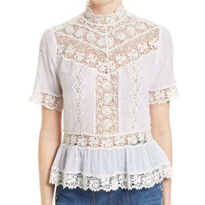 REBECCA TAYLOR CROCHET LACE EYELET PEPLUM TOP MOCK NECK & BUTTON PLACKET size 4